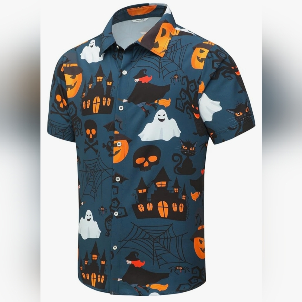 Halloween Themed Short Sleeve Button Down Shirt, Size Medium, Unisex, New W/Tags
